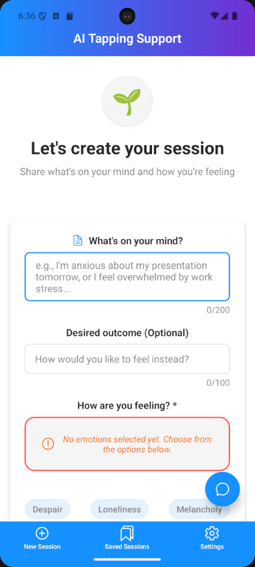 AI-Tapp Session Setup Screen